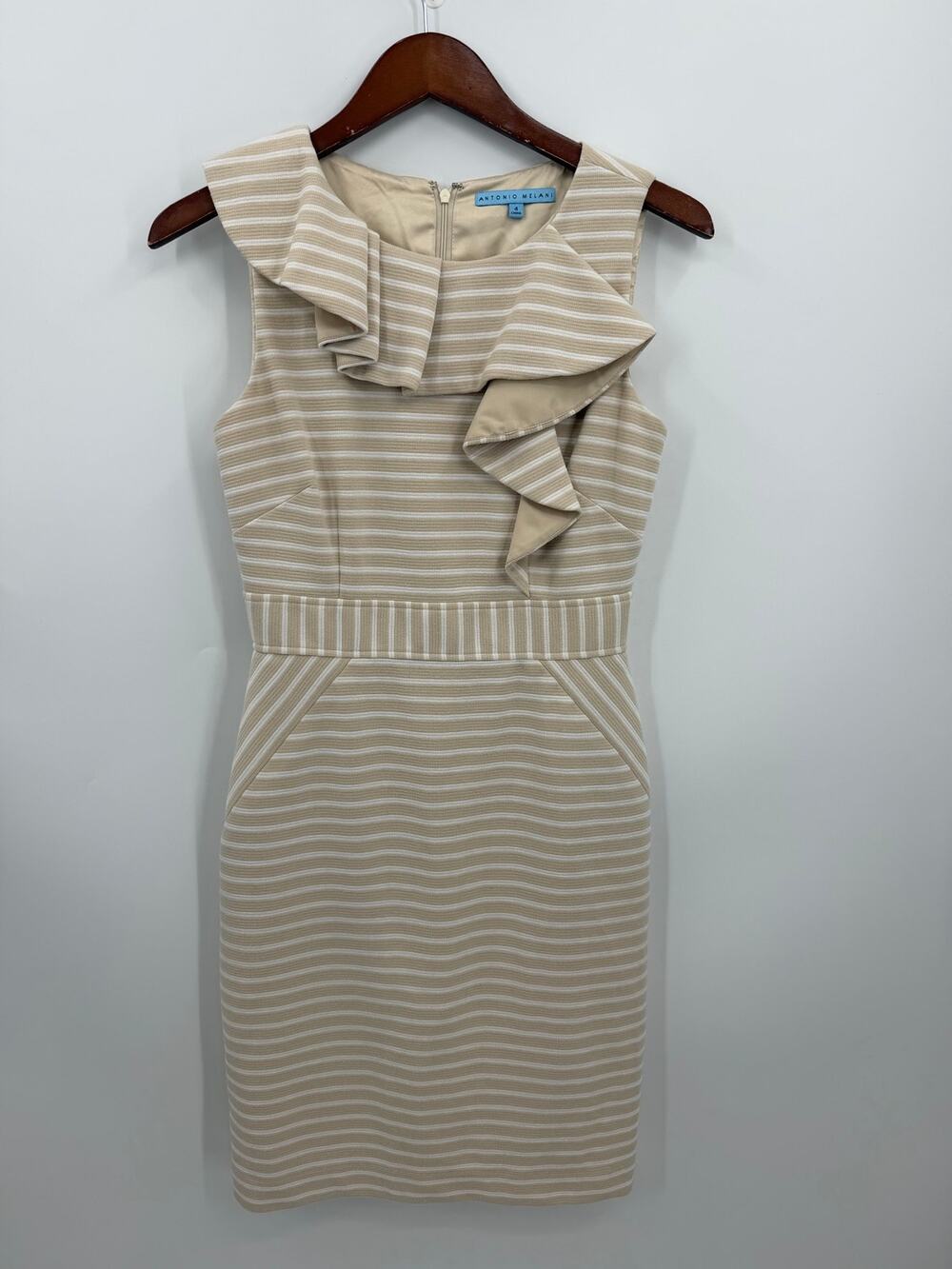 Antonio Melani Beige White Striped Ruffle Neck Sheath Career Dress Womens Size 4